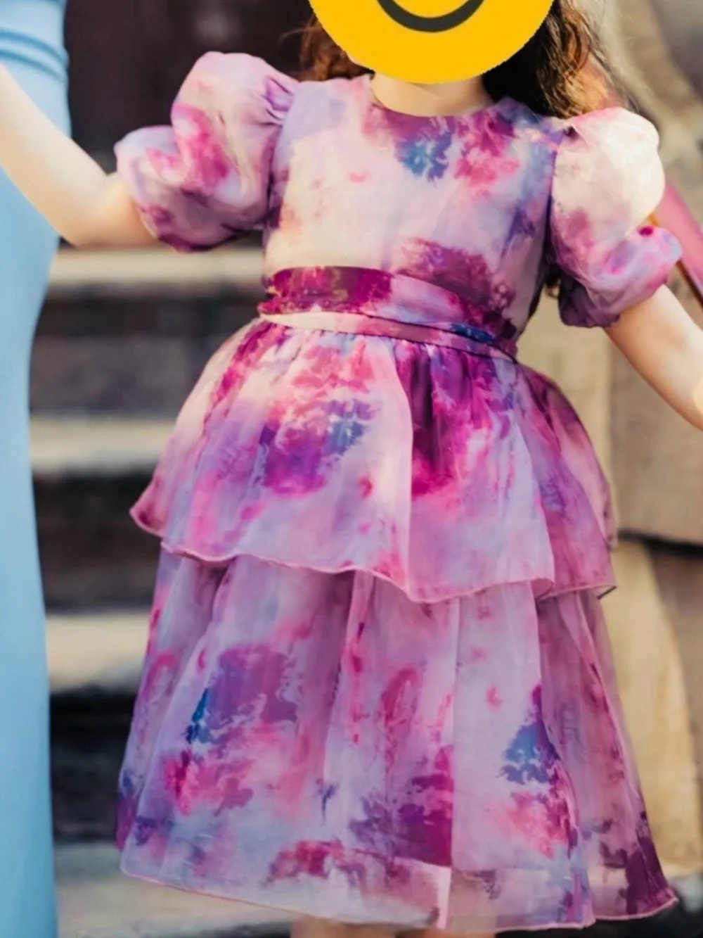 TEELA Tiered Puff-Sleeve Dress in Pink, Mauve & Purple Floral Watercolor.